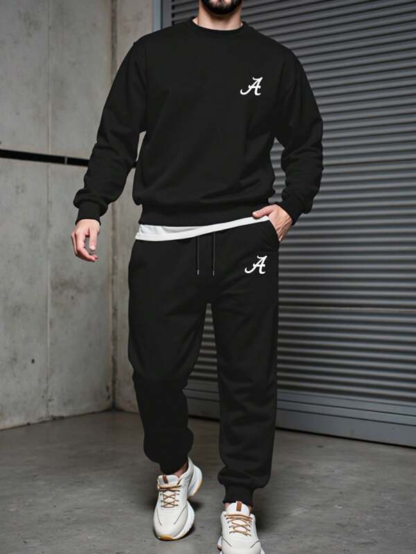 Manfinity Homme Plus Size Men's Letter Print Sweatshirt And Sweatpants Set
