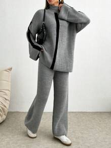 SHEIN Tall 2pcs/Set Winter Casual Colorblock Patchwork Turtleneck Sweater And Pants Suit - Grey - View 6
