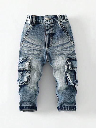 SHEIN Playful Pals 男婴褶皱洗水浅蓝色牛仔直筒时尚休闲裤，带风琴侧袋