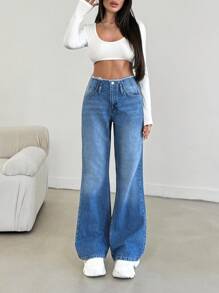 EURMUSE Women's Front Button Pocket Simple Denim Casual Pants, Everyday Casual Wear - Medium Wash - View 6