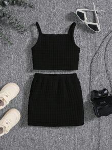 SHEIN Conjunto informal de niña bebé con camisola estampada a cuadros de unicolor y falda de cintura elástica, conjunto de atuendo de verano