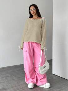 SHEIN Unity 休闲百搭撞色系带蝙蝠袖宽松针织套头衫秋冬毛衣 - 卡其色 - 查看 3