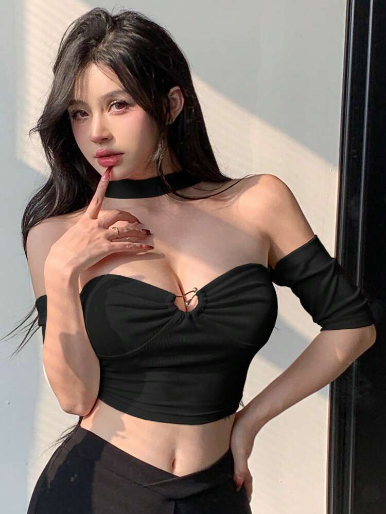 Women's Fashionable Sexy Cold Shoulder Halter Crop Top,Back To School Clothes