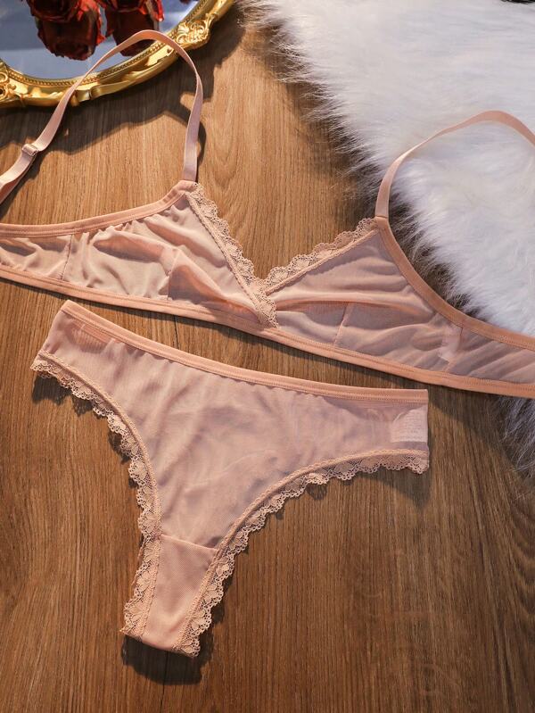 2 buc. Set de sutien și chiloți fără fir transparent, cu dantelă, elegantă, de culoare solidă