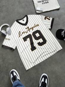 Aesthetic Post Men's Streetwear Academy INS Best-Selling T-Shirt.Men's Sports Oversized Print Loose Fit T-Shirt,Men's White Vertical Striped Short-Sleeved T-Shirt With A Black V-Neck Design And Eye-Catching "Los Angeles" Letters And "79" Number Prints. It Is Full Of Retro Baseball Style And Is Fashionable And Casual. - Multicolor - View 3