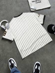 Aesthetic Post Men's Streetwear Academy INS Best-Selling T-Shirt.Men's Sports Oversized Print Loose Fit T-Shirt,Men's White Vertical Striped Short-Sleeved T-Shirt With A Black V-Neck Design And Eye-Catching "Los Angeles" Letters And "79" Number Prints. It Is Full Of Retro Baseball Style And Is Fashionable And Casual. - Multicolor - View 2