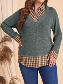 EMERY ROSE Camiseta casual de talla grande con parche a cuadros en 2 en 1, para otoño