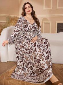 Lacomfia Casual Leaf Floral Print V-Neck Waisted Long Sleeve A-Line Dress, Plus Size, Suitable For Spring & Autumn
