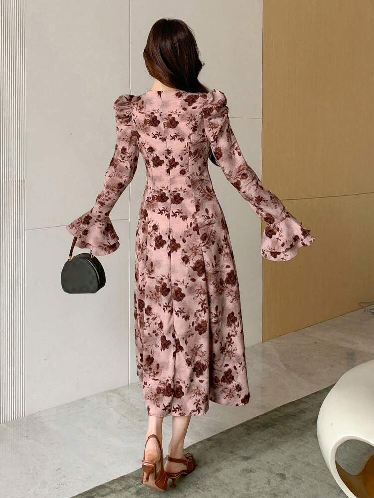 Valentine's Day Rose Print Puff Sleeve Square Neck Mid-Length Dress For Women Floral,Fall Dress Long Sleeve Dress Easter
