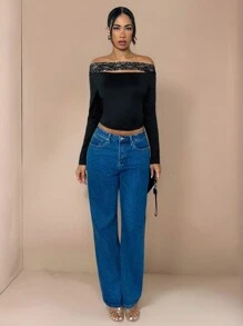 Glamine 1 pieza Blusa con manga larga y hombro descubierto decorada con encaje para mujeres, otoño/invierno - Negro - Ver 5