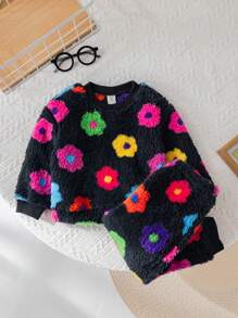 SHEIN Leap Crew Bộ đồ dài tay in hoa dễ thương cho bé gái, ấm áp cho mùa thu/đông - Xám - Xem 8