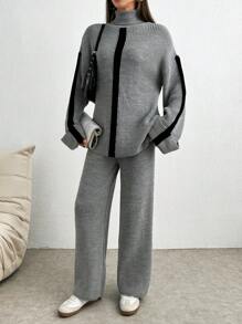 SHEIN Tall 2pcs/Set Winter Casual Colorblock Patchwork Turtleneck Sweater And Pants Suit - Grey - View 5