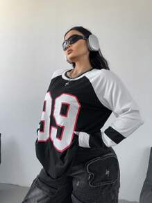 SHEIN Unity Plus Size Women Letter Print Casual T-Shirt With Raglan Sleeves - Black and White - View 3