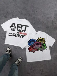 Manfinity Roghcode Men's Oversized Relaxed Fit T-Shirt With Graffiti Multi-Face Vintage Graphic Print - White - View 1