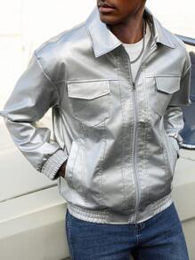 Manfinity LEGND Loose Fit Men's Flap Pocket Long Sleeve PU Leather Jacket - Silver - View 4