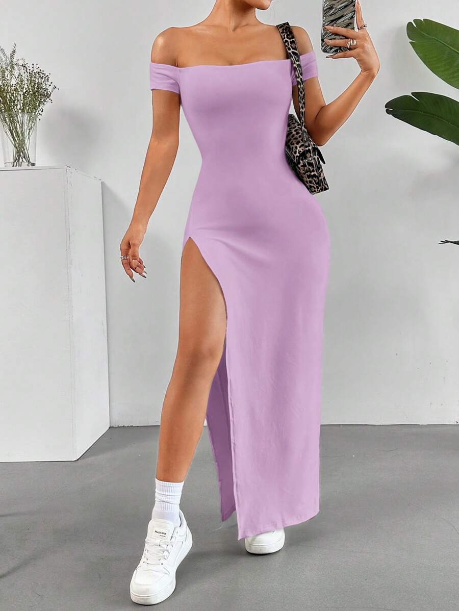 SHEIN EZwear Women's Solid Color Casual Off-Shoulder High Slit Dress,Lavender Dress - Purple - View 1