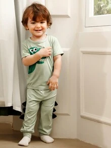 SHEIN 2pcs/Set Baby Boys Cartoon Dinosaur Print Short Sleeve Tee + Elastic Waist Long Pants, Soft Breathable Sports Outfit, Casual Wear For Spring - Green - View 3