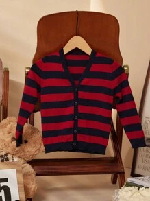 PrepCrw Young Girl Striped Single Breasted Long Sleeve Casual Cardigan, Autumn/Winter - Red - View 1
