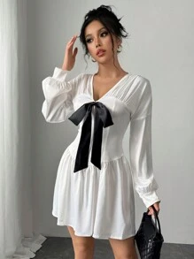 SHEIN Unity Faux Silk V-Neck Long Sleeve Pleated Bow Decor Elegant Short Dress - White - View 6