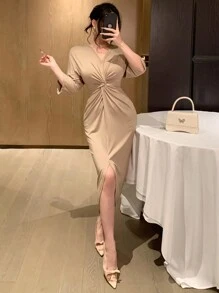 DAZY 纯色 V 领扭结中长连衣裙，适合女士舞会礼服，优雅正式女士连衣裙