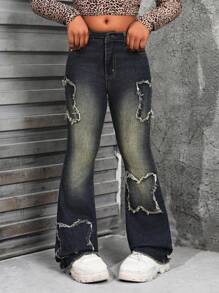 SHEIN 少女Y2K复古水洗喇叭牛仔裤，饰有蝴蝶形贴布细节，适合返校季穿着的街头服饰 - 中等水洗藍 - 查看 5