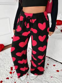 Calvaya Plus Size Plush Textured Warm Insulated Elastic Waist Loose Straight Leg Pants For Women, Suitable For Valentine's Day