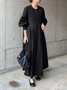 FRIFUL 女士纯色纽扣前开襟长袖休闲连衣裙，秋季连衣裙 - 黑色 - 查看 4