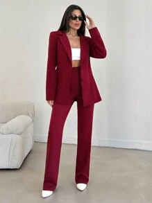 RueChic Vibrant Rose Red Sharply Cut Blazer And Flattering Flared Trousers Suit - Burgundy - View 6
