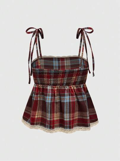 Academia Top de tirantes casual y vintage de mujer con botones, cuadros delanteros y ribete de encaje cruzado