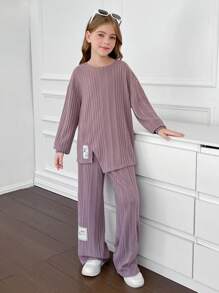 SHEIN 2 pezzi set da ragazza pre-adolescente composto da maglia girocollo ampia con costine e tinta unita, con applicazioni, e pantaloni abbinati con vita elastica, adatto per uso quotidiano, casual, scuola, colore rosa antico