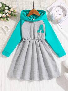 SHEIN Young Girl Princess Casual Fashion Sports Colorblock Letter Hooded Dress - Green - View 1