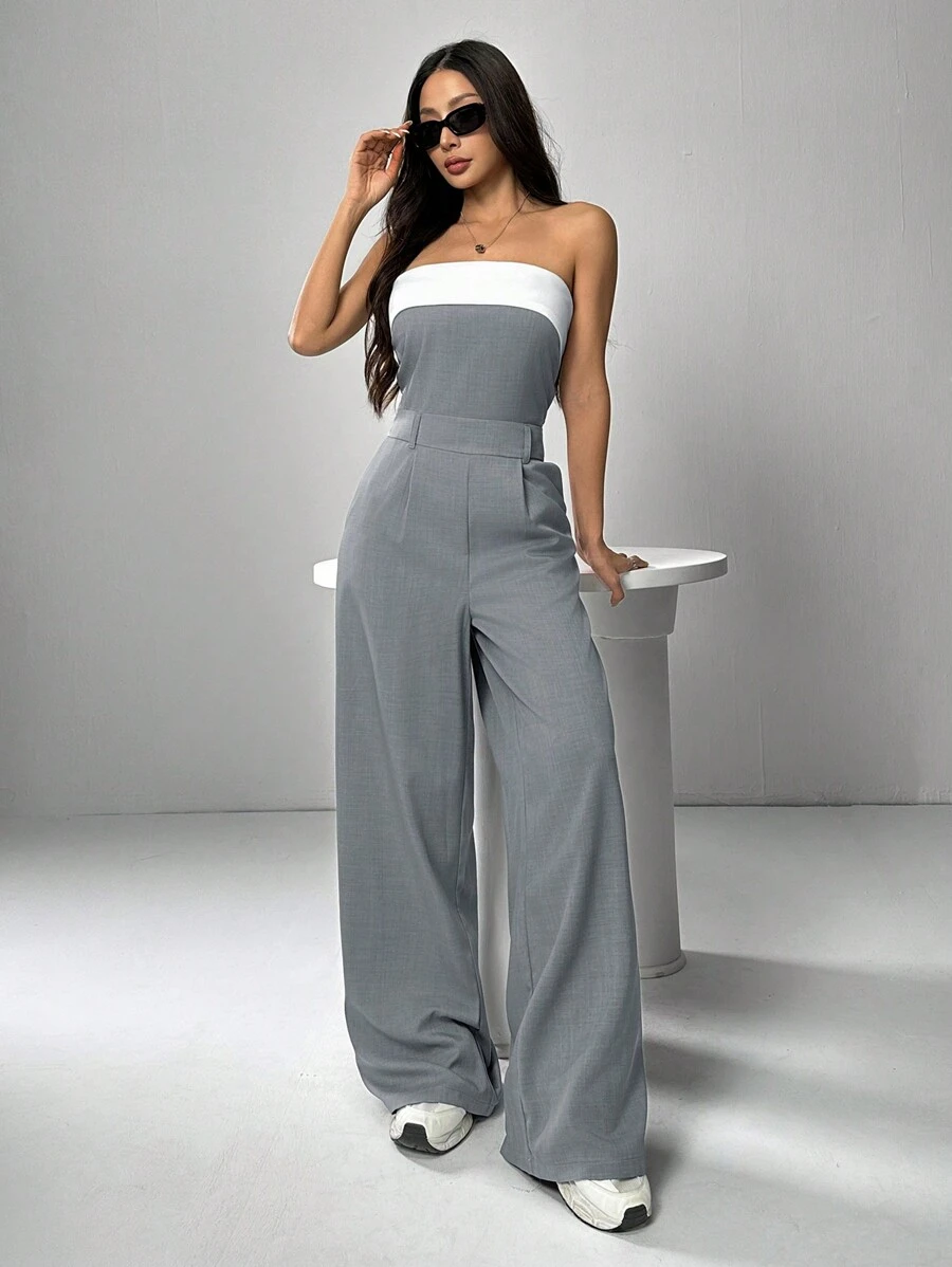 SHEIN EZwear Women's Contrast-Color Pleated Wide-Leg Jumpsuit - Grey - View 1