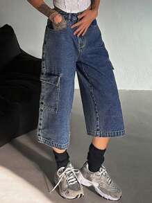 DAZY Pantalones vaqueros de pierna ancha con bolsillos cargo y ajuste holgado casual para mujeres, pantalones cortos de mezclilla