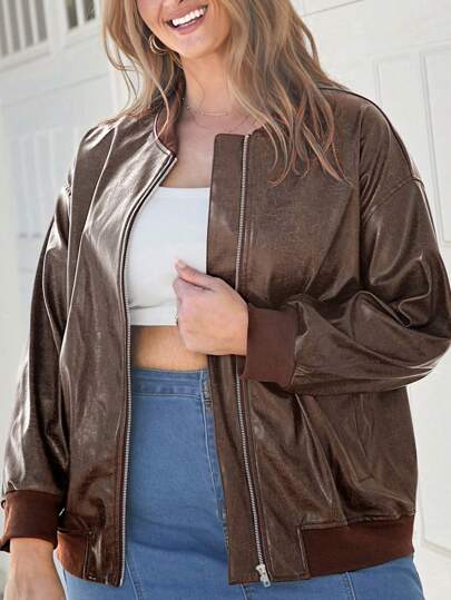 SHEIN LUNE Plus Size Solid Color Zip-Up Long Sleeve Casual Jacket, Daily Wear Thanksgiving Women New Years Women Raves Leather Jacket Women Going Out Tops Women, Western Wear Women, Raves Festival, Vacations Woman, Party, Business Casual Woman, Country, Old Money Style, Vintage Clothes Women