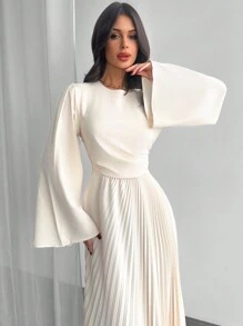 Firerie New Year Valentine's Day Women's Solid Color Round Neck Flare Sleeve Pleated Asymmetric Hem Elegant Dress