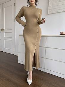 Feyla Women's Solid Color Stand Collar Long Sleeve Button Design Split Hem Fitted Long Sweater Dress, Autumn/Winter - Khaki - View 2