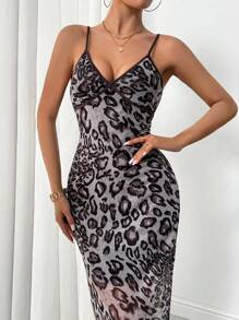 INAWLY Women's Leopard Print Fitted Elegant Slip Dress - Black and White - View 5