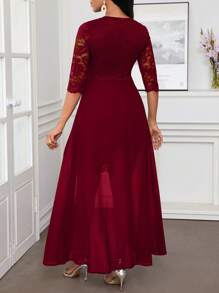 SHEIN Lady 秋冬圣诞派对礼服优雅蓝色蕾丝圆领不对称飘逸 - 酒紅色 - 查看 2