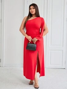 SHEIN Unity Plus Size Open Shoulder Lantern Sleeve Long Dress With High Slit, Flared Hem, Elegant French Style Red Dress Maxi Women Outfit - Red - View 3