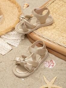 1 Pair Cute Striped Bow Hook And Loop Flat Sandals For Little Girls - Gold - View 4