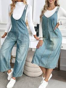 EMERY ROSE Mono de mezclilla sin mangas con bolsillo decorado de unicolor para mujeres