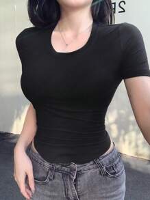 Joudiya 修身性感圆领短袖女式 T 恤夏季 - 黑色 - 查看 8
