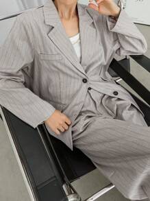 Dazy-Less 2 Pieces Loose Minimalist Striped Women Suit Business Casual Woman Work Clothes - Grey - View 4
