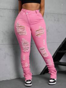 SHEIN CURVE+ Plus Size Women Bohemian Pink Stretch Denim Skinny Ripped Jeans Summer Outfits For Women Festival Outfits Pink Jeans - Pink - View 6