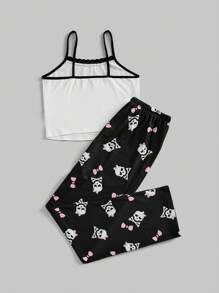 ROMWE Kawaii Skull & Bow Print Lace Patchwork Contrast Color Strap Pajama Set - Black and White - View 2