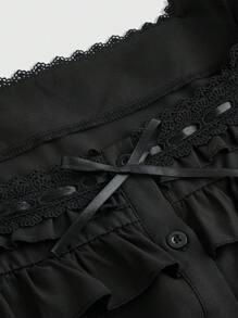 ROMWE Kawaii Women's Retro Y2K Academia Style Square Collar Ruffle Ribbon Tie Waist Babydoll Shirt - Black - View 4