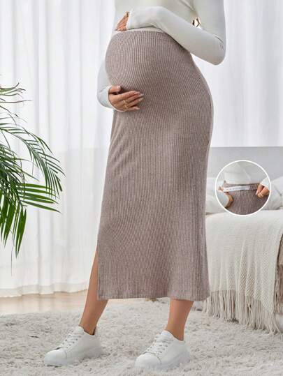 SHEIN Maternity Solid Color Adjustable Waist Ribbed Knit Skirt, Casual