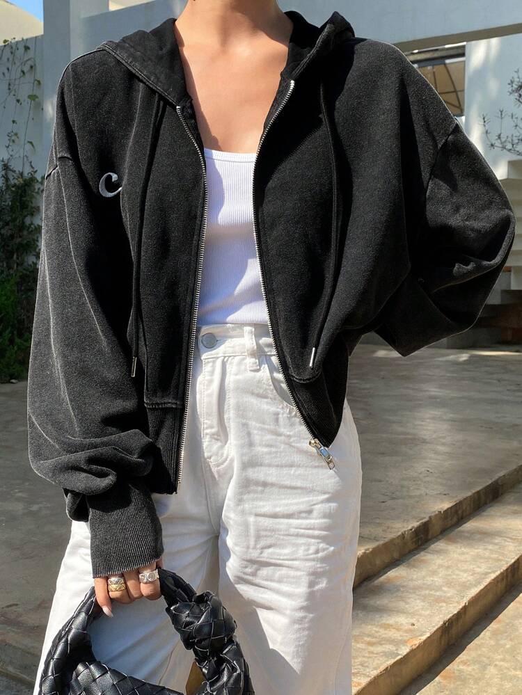 Oversized Hooded Jacket With Letter Embroidery Patch For Women,Fall Clothes