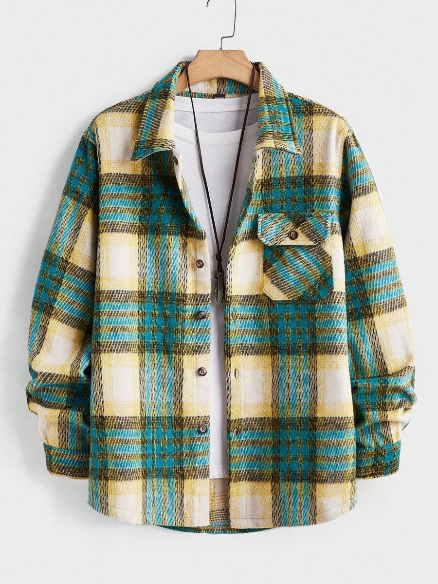 Manfinity VCAY Men's Slim Fit Woven Plaid Collar Long Sleeve Jacket - Dark Green - View 1