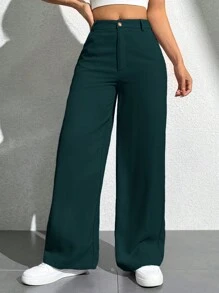 SHEIN PETITE 女士纯色前扣休闲裤，日常穿着 - 墨綠色 - 查看 4
